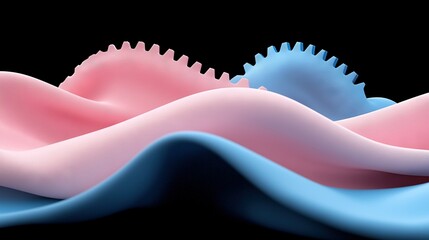   A zoomed-in photo of a vibrant pink and blue object featuring an intricate wave pattern at its base, and a separate blue object positioned beneath it