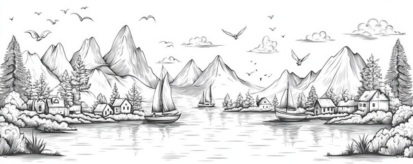 Modern Linear Contour Landscape with Ships, Houses, and Mountains - Monochrome Illustration of Marine Journey