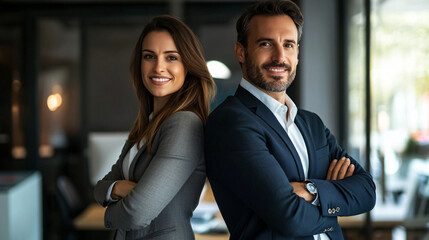 Wall Mural - Two business executives pose back to back in their office, arms crossed and smiling