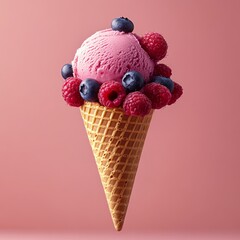 Poster - A waffle cone filled with pink ice cream and topped with blueberries and raspberries against a pink background.