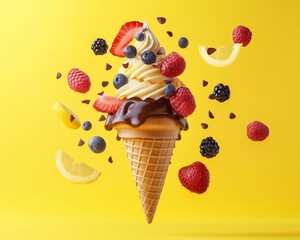 Sticker - A waffle cone filled with soft serve ice cream, topped with chocolate syrup, and surrounded by raspberries, blueberries, strawberries, blackberries, and lemon slices on a bright yellow background.