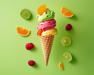 Wall Mural - A waffle cone filled with three scoops of ice cream with different flavors in green, pink and yellow colors, surrounded by fruit slices like orange, lime and raspberries on a green background.