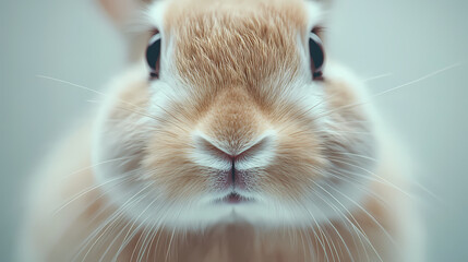 Wall Mural - A close-up shot of a rabbit's face with detailed whiskers and fur texture against a light solid color backdrop,no blurriness. Fur Texture. Illustration