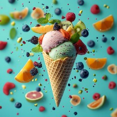 Sticker - A waffle cone with scoops of ice cream, surrounded by fresh fruit and berries, all floating in mid-air against a blue background.