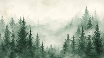 Wall Mural - Serene Coniferous Forest Watercolor Illustration with Spruce Trees on White Background