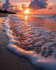 Poster - A wave breaking on a sandy beach at sunset with the sun reflecting on the water.