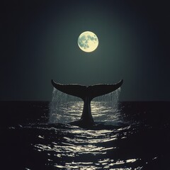 Wall Mural - A whale's tail breaks the surface of the ocean at night, illuminated by the full moon.