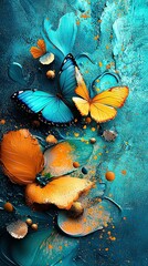 Wall Mural -   Blue-yellow butterflies fly over orange and yellow bubble-covered ground on blue and yellow backdrop