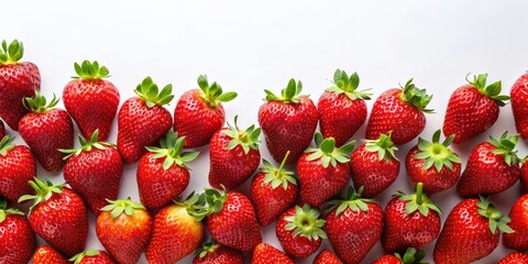 Wall Mural - Vibrant red strawberries spread out on a white background, fresh, juicy, ripe, fruit, healthy, snack, organic, delicious, dessert