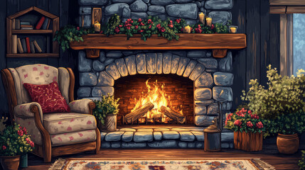 Wall Mural - A cozy living room with a fireplace and a chair