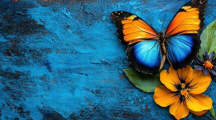  Butterfly on Blue Surface with Yellow Flower and Leaves