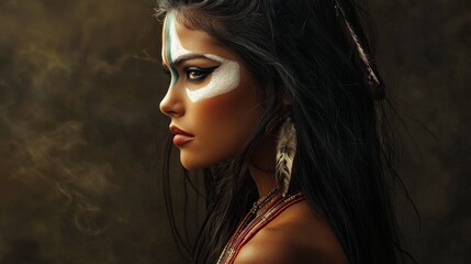 Wall Mural - photo realistic of a beautiful woman, with subtle face paint indicating she is from a spiritual tribe.