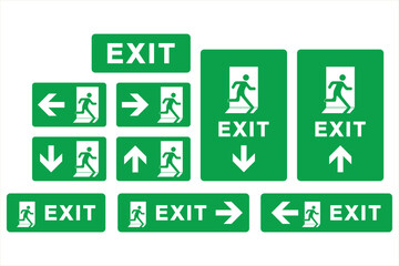 Green Exit Sign Collection with Walking Man Icon. Flat Style Vector Illustration for Safety Signage. Editable and Scalable EPS File. Isolated on White Background