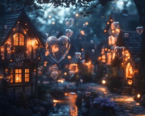 Sticker - A whimsical village with glowing heart-shaped balloons floating in the air.