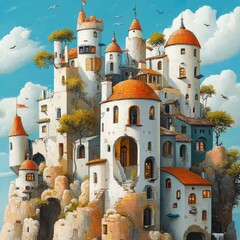 Poster - A whimsical, surreal town perched on a clifftop, with white buildings, red roofs, and a blue sky.