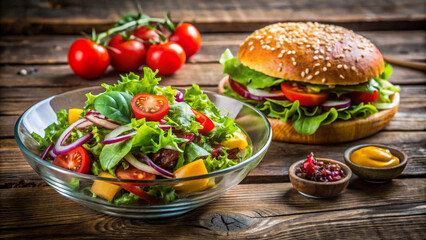 Fresh salad with vibrant greens, tomatoes, and mango, paired with delicious burger on wooden background, evokes sense of healthy indulgence