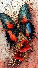   A close-up of a golden butterfly perched on a surface adorned with glittering gold flakes, surrounded by a vivid red bloom