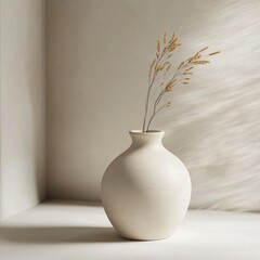 Wall Mural - A white ceramic vase with dried flowers in a corner with soft sunlight streaming in.