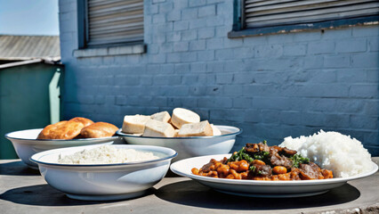 Delicious South African township meal featuring rice, beans, and bread, showcasing vibrant local cuisine and culture