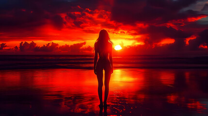 Wall Mural - Sunset Silhouette on the Beach with a Woman Standing