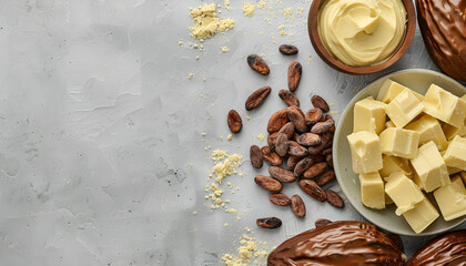 Flat lay composition with organic cocoa butter on grey table. Space for text