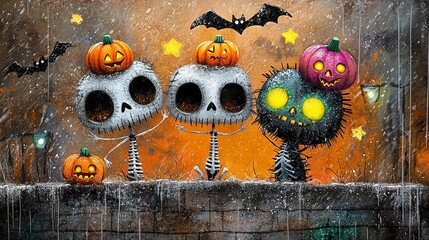 Wall Mural -   A spooky scene of three skeletons adorned with pumpkins on their heads, along with bats perched in the foreground against an eerie backdrop