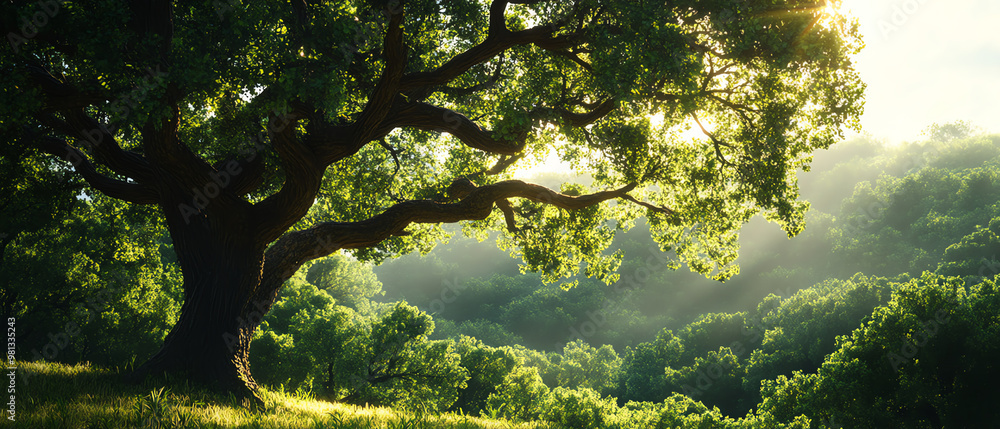 Capture a majestic oak tree in a serene forest setting, with vibrant ...
