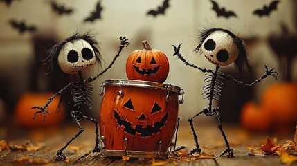 Sticker -   A pair of pumpkins sits on a drum beside two jack-o'-lanterns