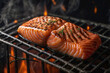 © Sync - Realistic close up salmon fillet steak grill on fire flame with indoor studio shot and back background in concept of fresh tasty sea food ingredient with high good nutrition for human body