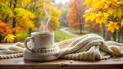 Wall Mural - Warm coffee mug and white knitted scarf on wooden table, surrounded by vibrant autumn leaves and rainy backdrop, creating cozy atmosphere