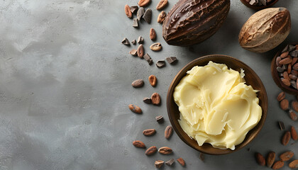 Flat lay composition with organic cocoa butter on grey table. Space for text