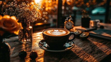 Wall Mural -  A cup of cappuccino on a wooden table beside a floral vase