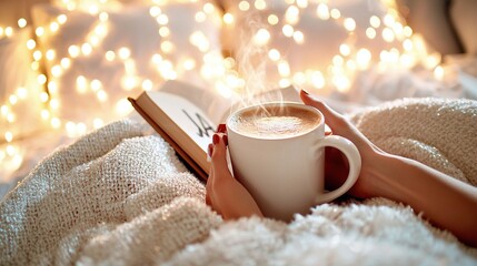 Wall Mural -   A woman cradles a steaming mug of hot chocolate and a book on her bed beneath soft lighting