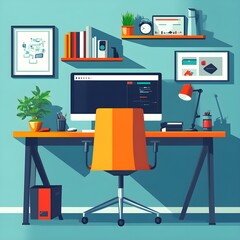 Wall Mural - Enjoying a tech-enabled workspace flat design side view productivity theme water color Complementary Color Scheme 