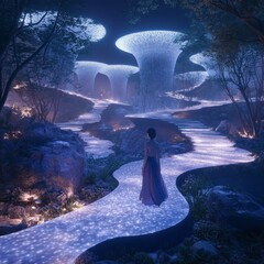 Canvas Print - A woman walks along a glowing path in a surreal forest, illuminated by large, glowing structures.