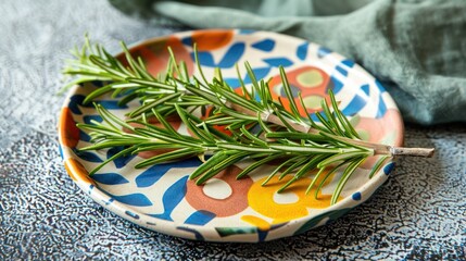 Wall Mural - Rosemary Sprig on a Colorful Plate