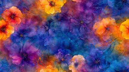 Wall Mural -   A vibrant painting of multicolored flowers against a blue, orange, yellow, and purple backdrop, featuring a central white bloom surrounded by smaller orange and purple florets