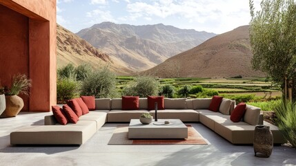 Canvas Print - Modern outdoor living space with a large sectional sofa, a coffee table, and a stunning mountain view