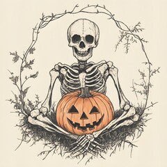 Wall Mural - Skeleton holding pumpkin in spooky drawing with eerie Halloween theme 