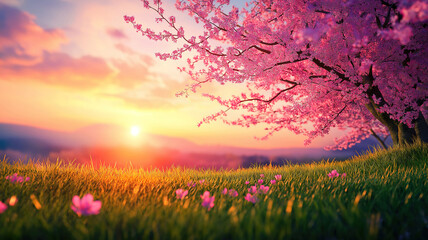 Spring Sunrise Background with Blooming Pink Cherry Blossoms in Meadow