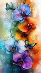 Wall Mural -   A painting of vibrant blooms and fluttering insects against a gradient backdrop of blue, orange, yellow, and pink, expertly rendered with watercolors