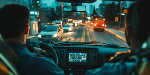 Two people in a car driving at night.