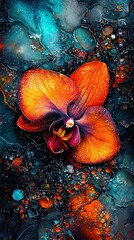 Canvas Print -   A painting of an orange flower with water droplets on the bottom and a blue sky background