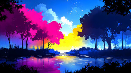 Wall Mural - Silhouetted Trees Reflecting in Colorful Lake