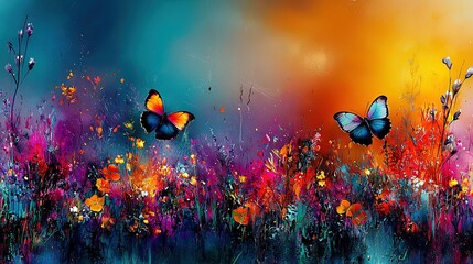 Wall Mural -   A field of flowers with two butterflies flying above in the foreground