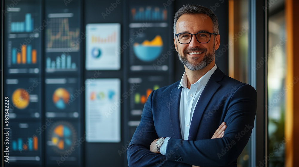 businessman smiling and standing with crossed arms in front of a wall ...