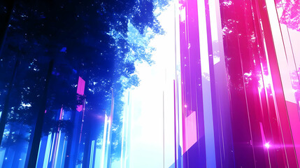 Abstract Forest with Neon Lights and Colorful Stripes