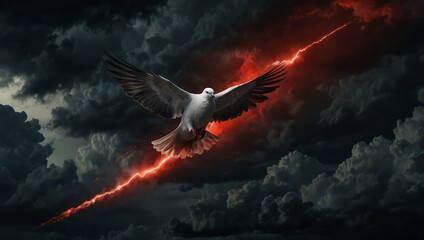 Poster - Dove carrying a broken missile across a stormy sky in red and black colors, symbolizing peace.