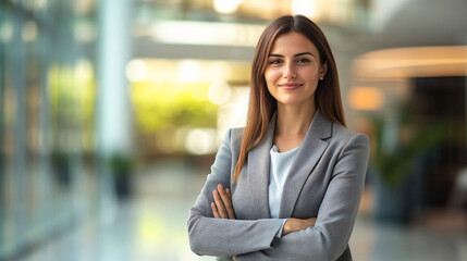 Canvas Print - Confident businesswoman standing in the lobby of her office building with arms crossed