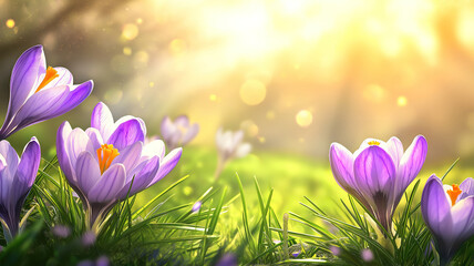 Sticker - Crocus Blossoms on Grass with Sunlight for Spring Flower Background